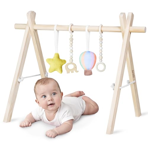Lionelo Anis Holz Spielbogen für Babys, faltbares Spieltrapez mit abnehmbaren Anhängern, Montessori Baby Gym aus Holz, Activity Center zur Förderung von Motorik & Sensorik