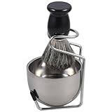 ノーブランド品 木柄胡刷シェービング メンズ手動剃刀用泡立てボウル付き銀獾毛ブラシ 不錆鋼製スタンド付 肌の毛ケア快適グリップ設計