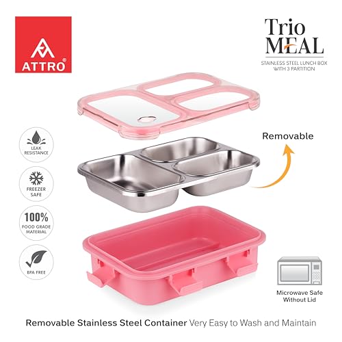 Image of ATTRO Trio Meal Stainless Steel Lunch Box with 3 Partition, Microwave Safe, Airtight Leakproof Silicone Seal Lid, BPA-Free Food Grade Tiffin Box for Office School Kids - 600ml - Pink