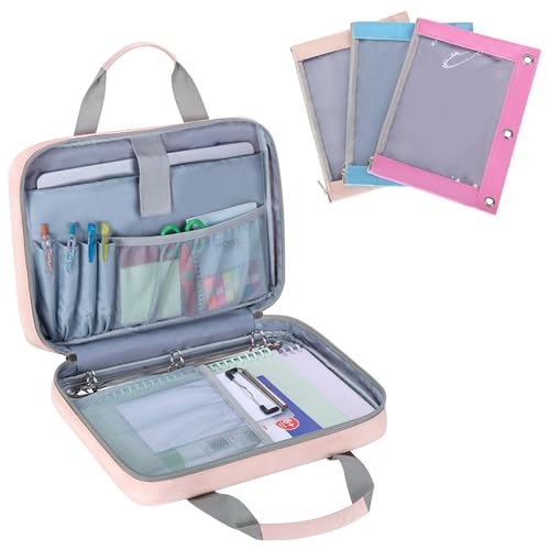 YARWO 2026 Upgraded Zipper Binder with 3 Pencil Pouches, Small File Organizer with Multi Pockets & Padded Sleeve Fits 13” iPad, Loose Leaf Paper, Name Card & Stationery for School, Office, Work, Pink