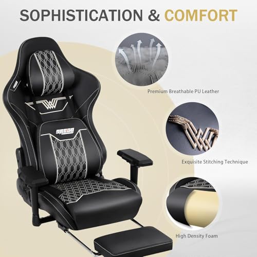 Image of Drogo Matrix Ergonomic Gaming Chair with 4D Armrest, Adjustable Seat Pu Leather & Foot Rest | High Back Computer Chair with Head & Lumbar Support Pillow | Home & Office Chair with Full Recline (Black)