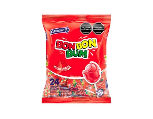 Colombina Bon Bon Bum, Chupeta de Caramelo con Chicle, Sabor Fresa, Paquete de 24 unidades