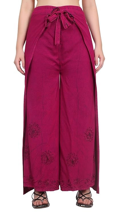 ukal Women's Rayon Regular Fit Relaxed Yoga Fitness Wide Leg Palazzo Dhoti Pants, Hot Pink with Embroidered Circles, Front Tie Belt-picture-49