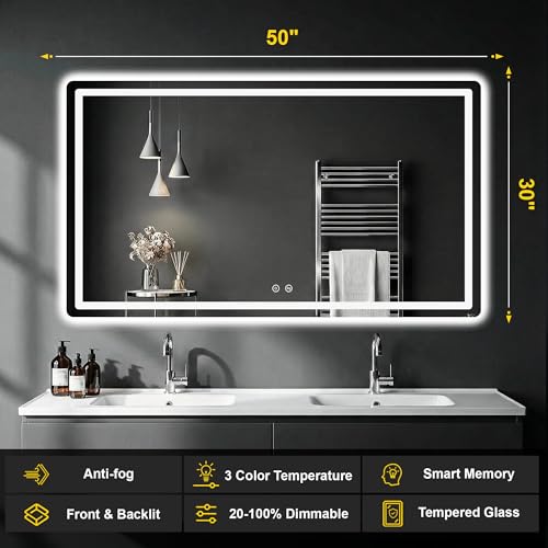 Image of LED Bathroom Mirror with Lights, 30 inchx50 inch Lighted Vanity Mirror for Wall | Anti-Fog, Dimmable 3 Color Light, Backlit+Frontlit, Shatterproof Tempered Glass, Memory Function