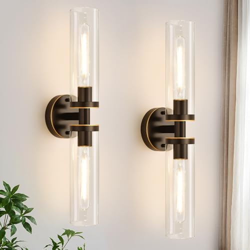 Image of Indoi Wall Sconces Set of Two, Hardwired Brown Bathroom Sconces Wall Lighting with Clear Glass, Modern Sconces Wall Decor Set of 2 Bathroom Light fixtures for Mirror Hallway (Bulbs Not Included)