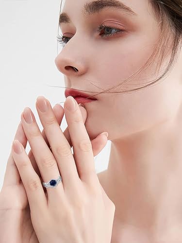 KZX Blue Sandstone Ring 925 Sterling Silver Hexagonal-cut Engagement Ring Unique Wedding Ring Jewelry Gift for Women (Ring Size 7-10)2