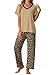 PrinStory Damen Schlafanzug V-Ausschnitt Pyjama Set für Damen Kurzarm Nachtwäsche Lange Hose mit Gummibund (Leopard Khaki, L)