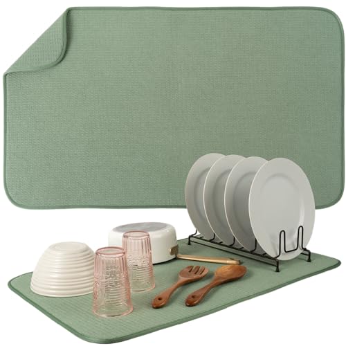 Image of S&T INC. Dish Drying Mat Jumbo, 18 inch x 30 inch, Absorbent Microfiber Kitchen Counter Mat, Dish Drying Pad for Dishes, Utensils, Pots and Pans, Jumbo, Sage Green