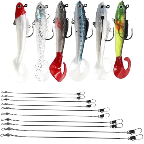 6 Pcs Artificial Lures with Hooks - 10 Pcs Wire Trace, 3D Fishing Gear with Wobbler for Freshwater and Saltwater