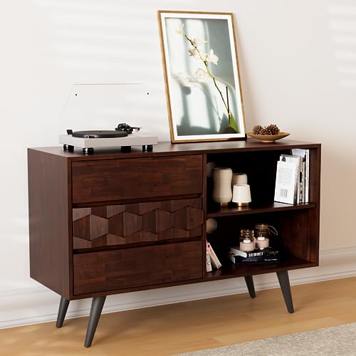 Image of Bme Georgina 45 Inch Solid Wood TV Stand, Under 10 Minutes Assembly Entertainment Center with Storage, Geometric Pattern TV Console for Living Room, Bedroom, Dinning Room - Walnut