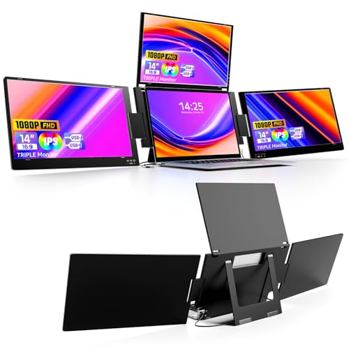 KPKUE 14 Triple Laptop Screen Extender FHD IPS Multi Screen Extender with USB-C/USB-A One Cable Connection Laptop Monitor Extender Compatible with Mac Windows Fits 11.6-15.6 Inch Laptops