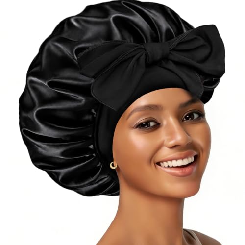 Confvrter Silk Bonnet Satin Bonnet for Sleeping Large Bonnets with Tie Band Hair Wrap with Adjustable Straps Hair Cap for Women Curly Black