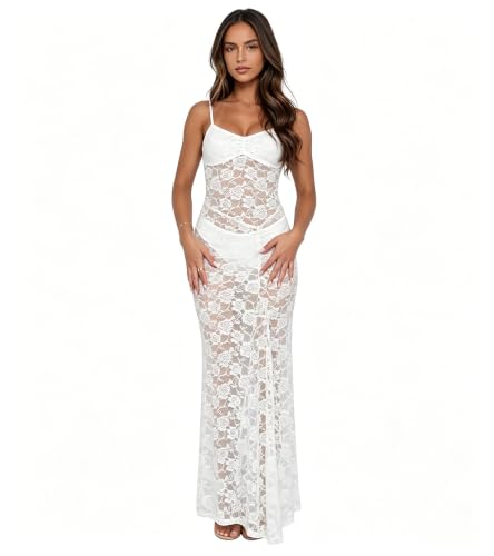 Image of PORRCEY Women's Sexy Rhinestone Lace Sheer Mesh Formal Evening Dress