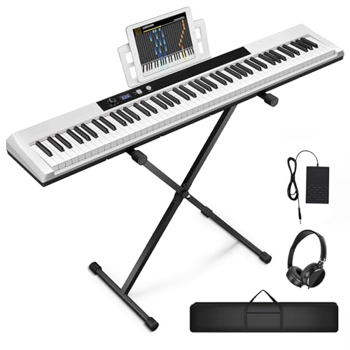 UISCOM 88 Key Semi-weighted Electronic Keyboard Piano,Full Size Digital Piano Portable Keyboard with Stand, Sustain Pedal, Power Supplyï¼ŒMIDI/USB/MP3 Function for Beginners at Home/Stageï¼ˆWhiteï¼‰
