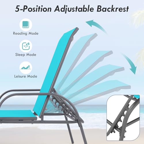 Image of Giantex 2 Pack Patio Lounge Chair, Outdoor Chaise Lounge with 5 Adjustable Backrest, Sturdy Steel Frame, Sunbathing Recliner, Tanning Chair for Beach, Outside, Yard, Balcony, Pool Chairs (2,Turquoise)