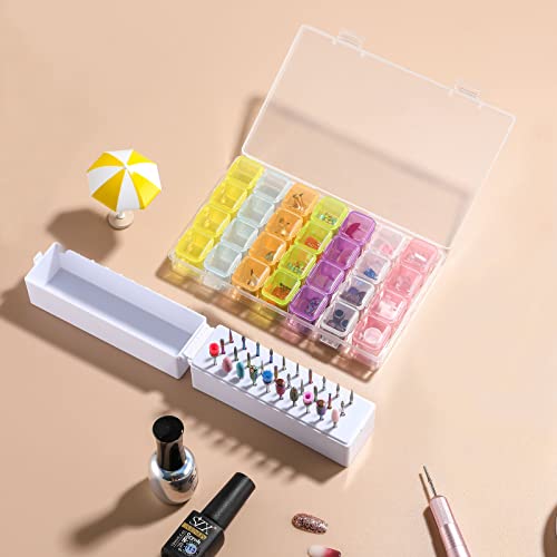Oneleaf Nail Art Tip Storage Organizer Empty 28 Space Box Case & Nail Drill Bits Holder Plastic Container For False Nail Tips, Fingernail Crystal, Jewelry, Vitamins, Rhinestone Glitter Accessories #TOP1