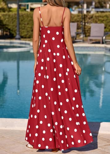Image of KIRUNDO Womens Polka Dot Spaghetti Strap Flowy Maxi Dress | Sleeveless V Neck Boho Long Dresses, 2026 Summer Beach Vacation Cruise Outfits, A-Line Backless Sundress With Pockets