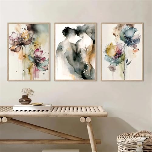 Aquarelle couple romantique et fleurs amour affiche decoration chambre