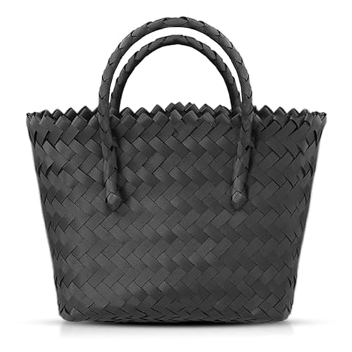 Bolso tote de paja, bolso grande para la playa, bolso tipo cesta bohemio cuadrado con asas de bambú (negro) miniatura 1