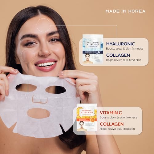 Image of Skin 2.0 Vitamin C & Hyaluronic Acid Face Mask with Collagen - Dermatologist Tested, Korean Skin Care - Ultra Hydrating & Firming Sheet for Smoother-Looking Skin - Vegan, Clean Beauty - 10 Count
