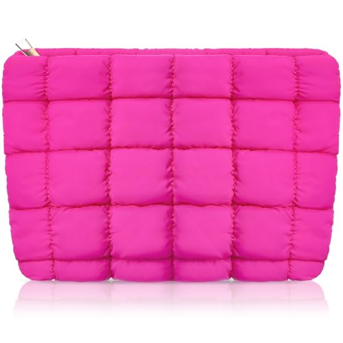 Hillban Puffy Quilted Makeup Bag Quilted Cosmetic Bag Cute Puffer Toiletry Checkered Pouch Aesthetic Travel Makeup Brushes Organizer(Rose Red,Classic)