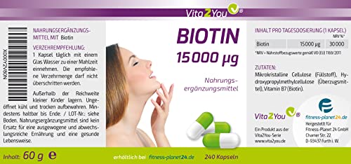 Vita2You Biotin 15.000 mcg (Vitamin B7) 240 Kapseln - Hochdosiert mit 15mg - Für Haut und Haare - Premium Qualität - Made in Germany