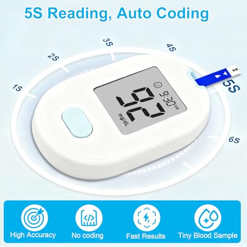 Image of Blood Glucose Monitor Kit, Blood Sugar Testing kit with 50 Blood Sugar Test Strips, 50 Painless 33G Lancets, 1 Blood Glucose Meter, 1 Lancing Device, Medical Accuracy, 5-Second Results, No Coding & Auto Eject, Glucometer Kit for Diabetes Testing for Home /Travel Use