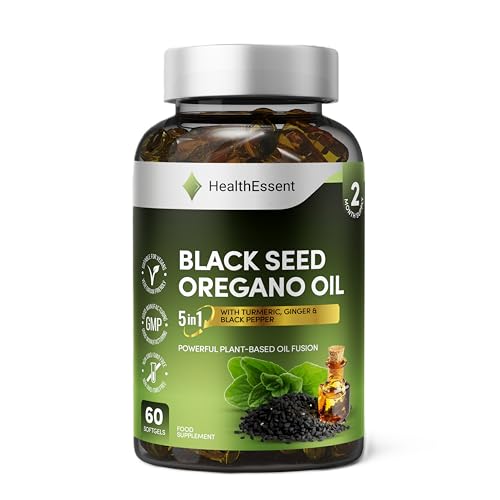 HealthEssent Oil of Oregano with Black Seed Oil 6500mg Complex - 5-in-1 Blend with Turmeric Ginger & Black Pepper - High Potency Carvacrol & Thymoquinone - (2 Month Supply) - 60 Vegan Capsules
