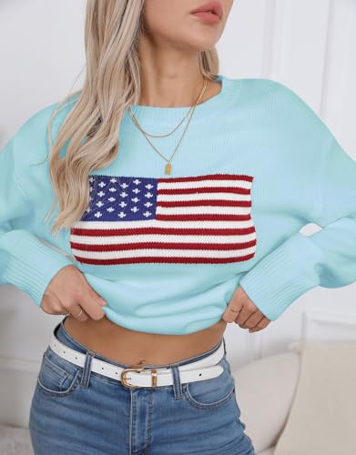Image of Womens American Flag Sweater Long Sleeve Crew Neck Knitted Casual Pullover Sweater (Blue-1, Small)