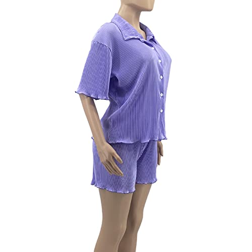Purple 2 Piece Outfits For Women Summer Pleated Button Down Shirt Shorts Two Piece Beach Outfits Y2K Clothing Tracksuits Jumpsuits S #TOP4