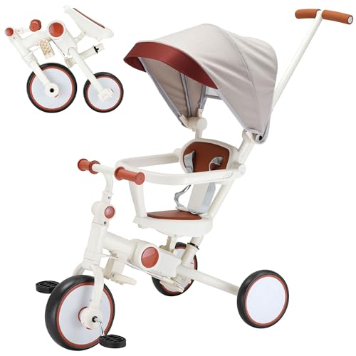 AOPEC 7-in-1 Foldable Baby Tricycle with Removable Canopy – Adjustable Parent Handle, Safety Harness & Wheel Brakes for Toddlers 1-5 Years Old,...