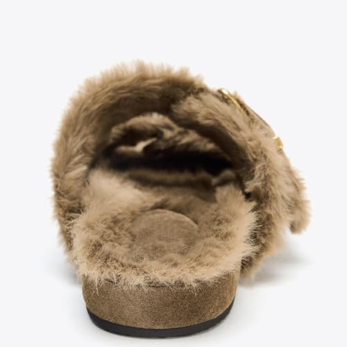 Women's Fuzzy Fur Slide Sandals Open Toe Double Strap Fluffy Slippers Taupe Suede Indoor House Flat Slides4