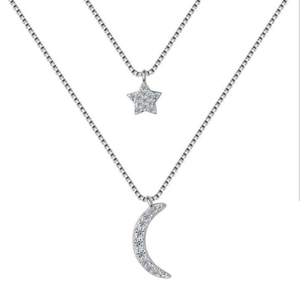 YCQYM Doppelschichtige Zirkonia-Mond-Stern-Halsketten für Damen, Kurze Kette, Halsband de Prata, Geschenk