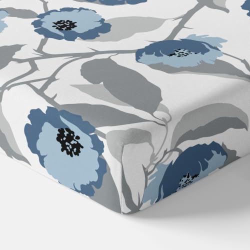 Image of LORETO - A QUALITY LINEN BRAND 186 TC 100% Pure Cotton Single Fitted Bedsheet with Pillow Cover for 36x78 inch Mattress, All-Around Elastic, Fits up to 8 Inch Depth, Blue & Grey Bloom Harmony