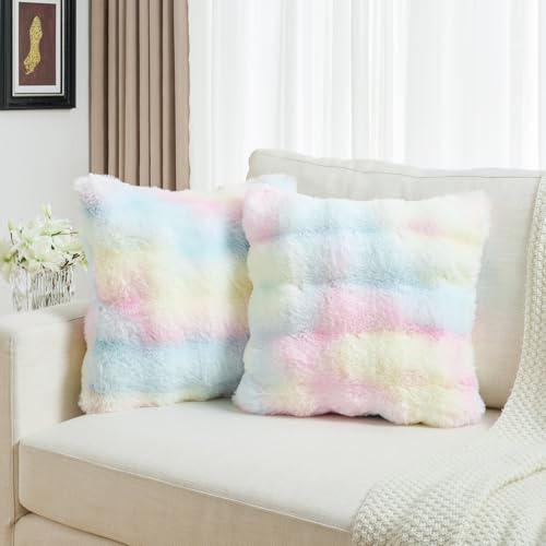 FUTEI Rainbow Decorative Throw Pillow Covers 18x18 Inch Set of 2,Soft Fuzzy Faux Rabbit Fur Cushion Covers with Raised Texture,Neutral Boho Home Decor for Couch Bed Living Room