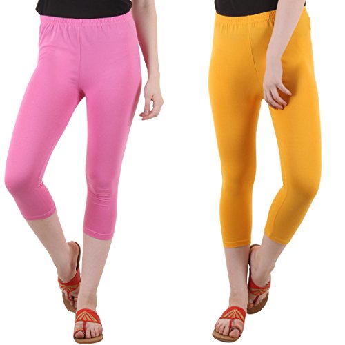 Image of DIAZ Women Cotton Stretchable Capri | Slim /Regular Fit | Breathable Yoga, Gym & Lounge Wear | High-Waist Stretchable 3 /4 Length Leggings with Wide Waistband - Pack of 2