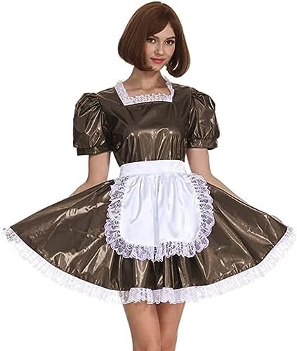 女性 PVC メイドコスプレ衣装半袖レトロメイドロリータドレスフレンチ衣装エプロン付き,ダークブラウン,S