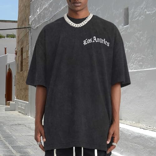 Bobeutou Oversized Vintage Graphic Tees for Men Los Angeles Shirt Acid Wash Tshirt Letter T-Shirt Grunge Crew Neck Tops4