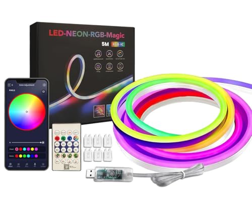 Groeien 5 Meter USB Powered Flexible Smart RGBIC Neon Flex LED Strip Lights with App & Remote-Control, Music Sync LED Strip, Silicone Rope Light for Home Decoration, Diwali, Christmas