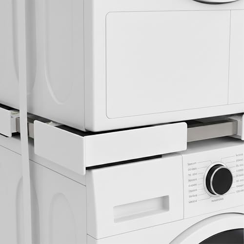 Relaxdays Zwischenbaurahmen, Trockner auf Waschmaschine, mit Ablage, verstellbar, 54-71 cm, Stapelkit universal, weiß