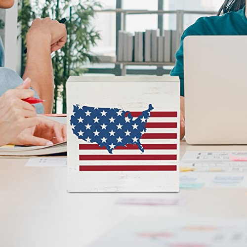 Country Patriotic Wood Box Sign Rustic America Flag Wooden Box Sign Decorative 4Th Of July Summer Sign Block Plaque For Home Office Desk Table Shelf Decor 5"X 5" #TOP3