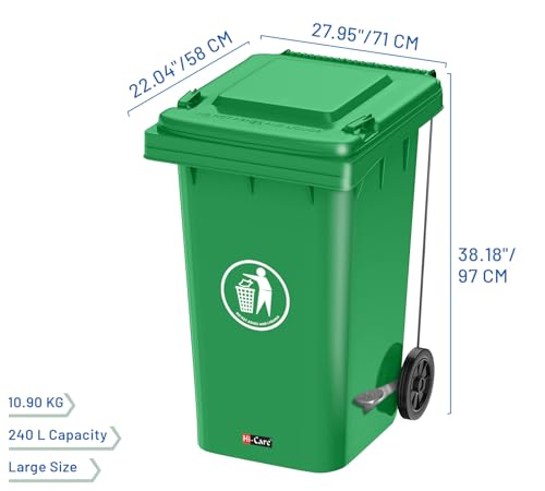 Hi-Care Plastic Garbage Bin 240 Litre with wheel and pedal - Heavy Duty Kitchen DustBin Outdoor Recycle Trash Can Large Industrial Waste bin Trash bin (Green)
