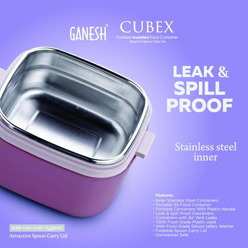 Image of Ganesh 1 Compartment Cubex Insulated Food Container with Attractive Spoon - Airtight Leak-Proof Lunch Box for Office, School, Picnic 380ml - Peach