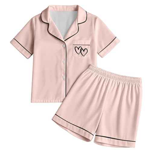 Genérico Conjunto de Pijama para niña, 2 Piezas, Estampado de corazón, Manga Corta, Pantalones Cortos, Top y Pantalones Cortos Suaves, Ropa de Estar cómoda para niños. (Rose Gold, 8-9 Years)