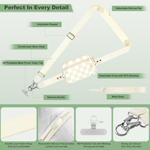 Image of YFWE Clip and Go Strap for Phone with Wallet Crossbody, Adjustable Phone Lanyard with Detachable RFID Wristlet Wallet, Phone Strap with Phone Tabs for All Phones, Cream Checkered (M)