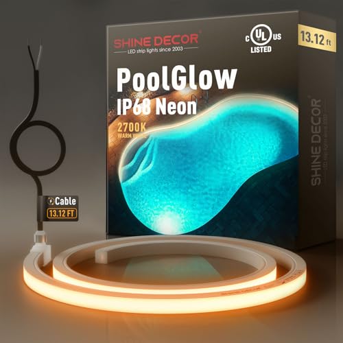 Image of Shine Decor IP68 Waterproof LED Strip Light, 24V Pool Rated Submersible Silicone Neon, Underwater Outdoor LED Rope Light for Pool Fountain Waterfall Bathtub, 16x16mm, Warm White, 13.12FT