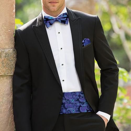 Image of YOHOWA Men Cummerbund Bow Tie Set Silk Paisley Formal Pre-Tied Bowtie Pocket Square Cufflinks Wedding Party Prom