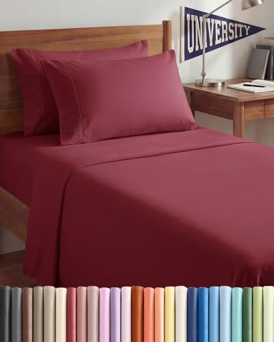 Image of Twin XL 4 Piece Sheet Set - College Dorm Room Essentials - Burgundy | Ultra Soft Dorm Bedding Set, 8 inch to 16 inch Inch Deep Pockets, 1 Flat & 1 Fitted Sheet & 2 Pillowcases, Wrinkle & Fade Free