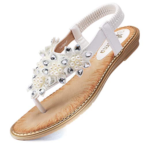 Odema Women's Bohemian Flat Sandals Elastic Slip On Flower Rhinestone Flip Flop Shoes #TOP10