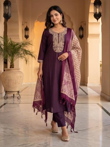 Image of INDO ERA Women's Silk Blend Embroidered Sequinned Kurta & Pant with Dupatta Set